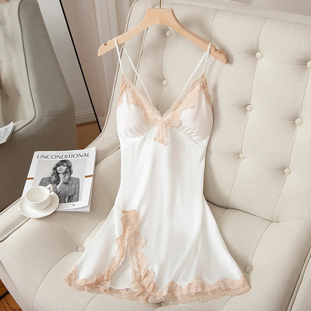 Spaghetti Strap Nightgown Women Nightdress Satin Summer Sexy Intimate Lingerie Soft Sleep Dress V-Neck Home Dressing Gown