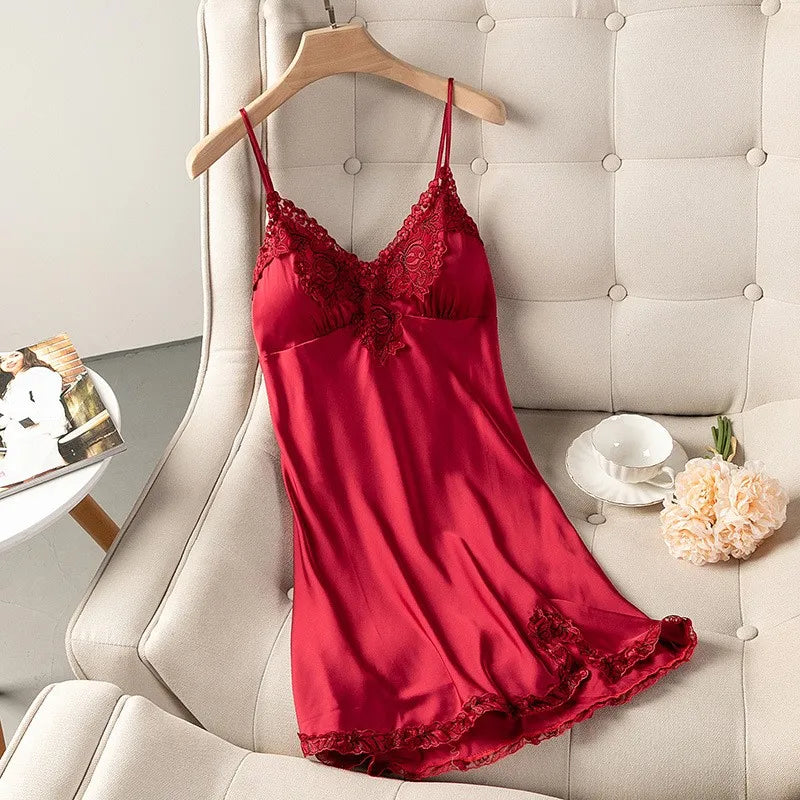 Summer New Satin Nightgown Lace Patchwork Sleepwear Women Spaghetti Strap Nightdress Intimate Lingerie Sexy Bathrobe Nightwear