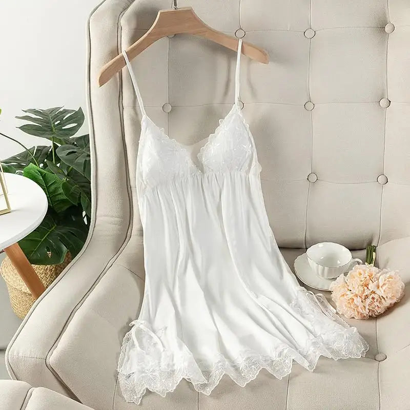 Summer New Satin Nightgown Lace Patchwork Sleepwear Women Spaghetti Strap Nightdress Intimate Lingerie Sexy Bathrobe Nightwear