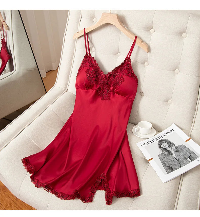 Lace Nightdress Satin Women Sleep Dress Sexy Lingerie Spaghetti Strap Nightgown Soft Sleepwear Home Dressing Gown With Pads