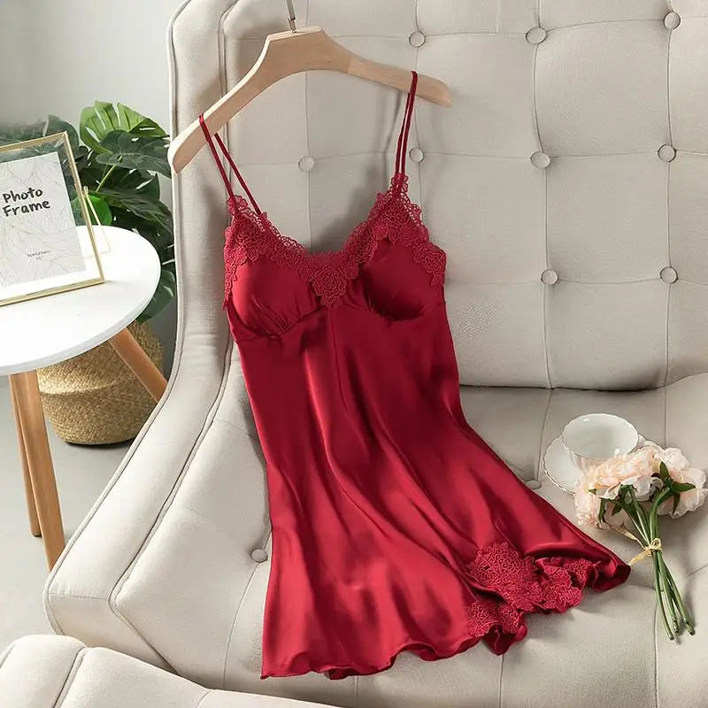 Summer New Satin Nightgown Lace Patchwork Sleepwear Women Spaghetti Strap Nightdress Intimate Lingerie Sexy Bathrobe Nightwear