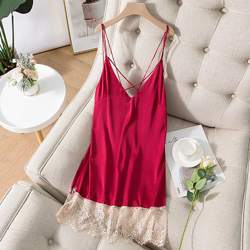 Spaghetti Strap Nightdress Women Summer New Satin Nightgown Lace Patchwork Sleepwear Intimate Lingerie Sexy Bathrobe Nightwear