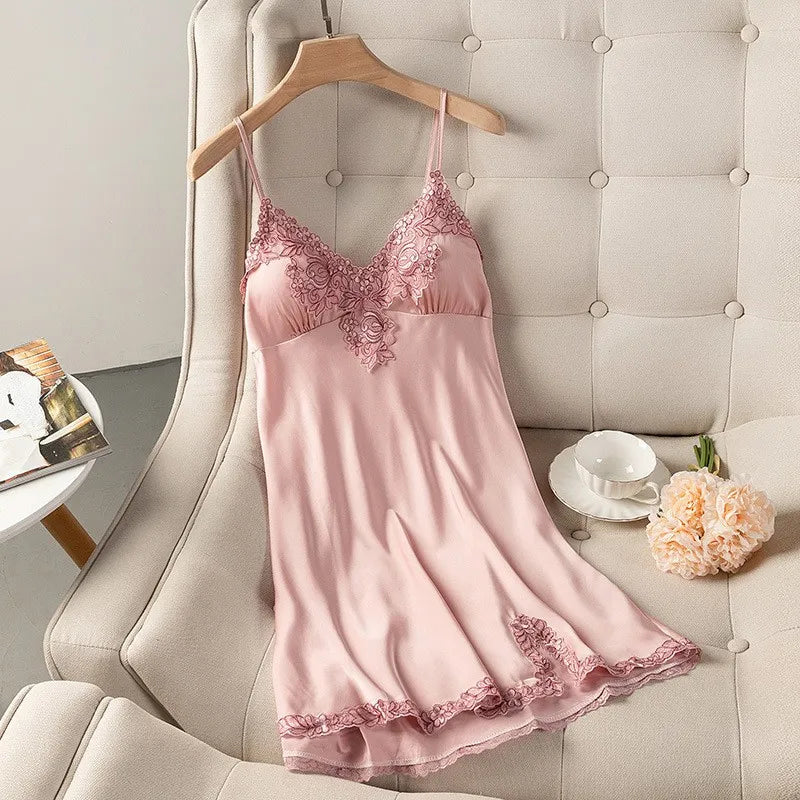 Summer New Satin Nightgown Lace Patchwork Sleepwear Women Spaghetti Strap Nightdress Intimate Lingerie Sexy Bathrobe Nightwear