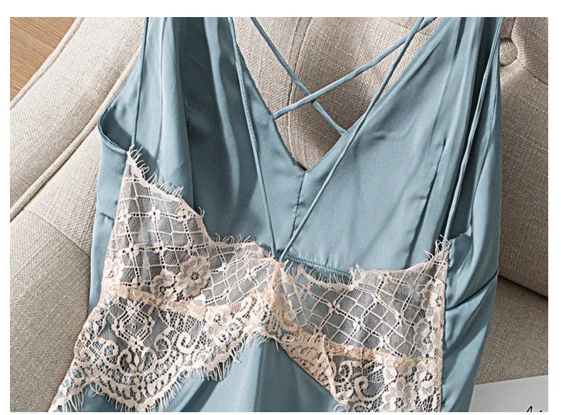 Summer New Satin Nightgown Lace Patchwork Sleepwear Women Spaghetti Strap Nightdress Intimate Lingerie Sexy Bathrobe Nightwear