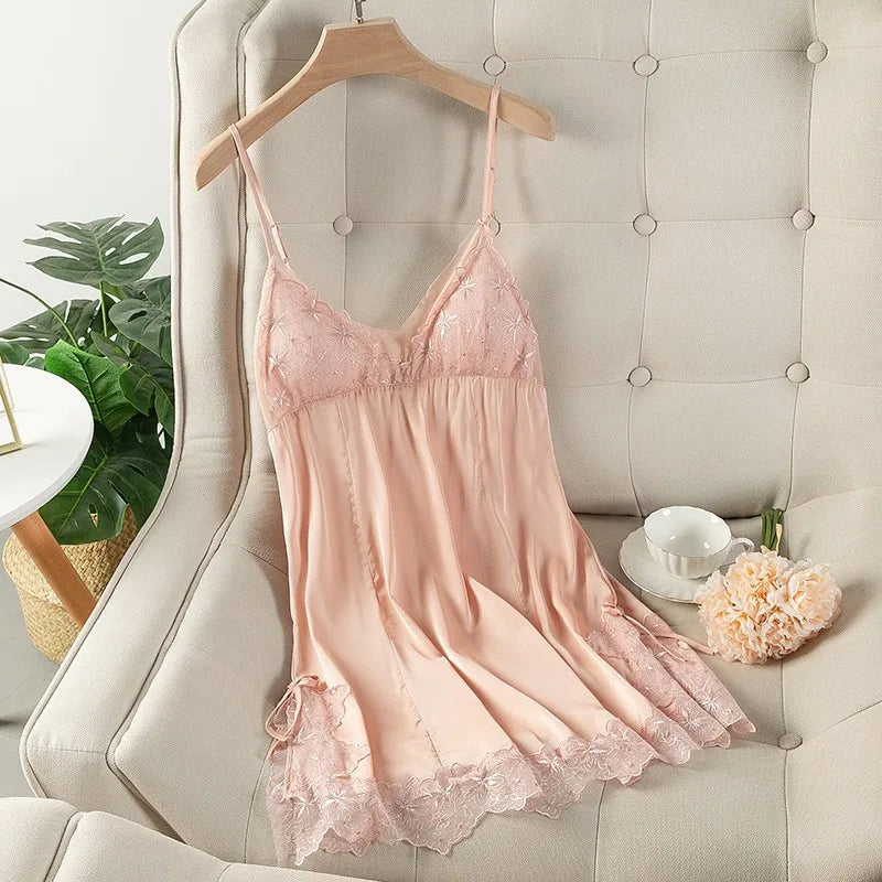 Summer New Satin Nightgown Lace Patchwork Sleepwear Women Spaghetti Strap Nightdress Intimate Lingerie Sexy Bathrobe Nightwear