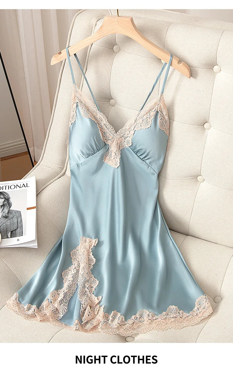 Spaghetti Strap Nightgown Women Nightdress Satin Summer Sexy Intimate Lingerie Soft Sleep Dress V-Neck Home Dressing Gown