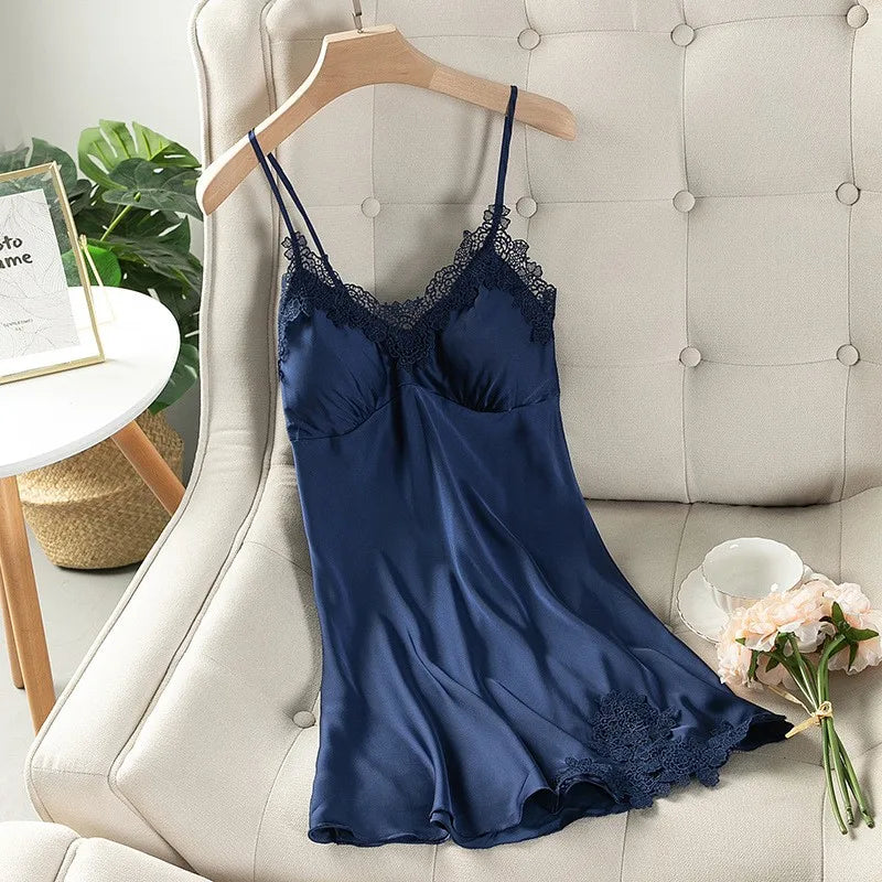 Summer New Satin Nightgown Lace Patchwork Sleepwear Women Spaghetti Strap Nightdress Intimate Lingerie Sexy Bathrobe Nightwear