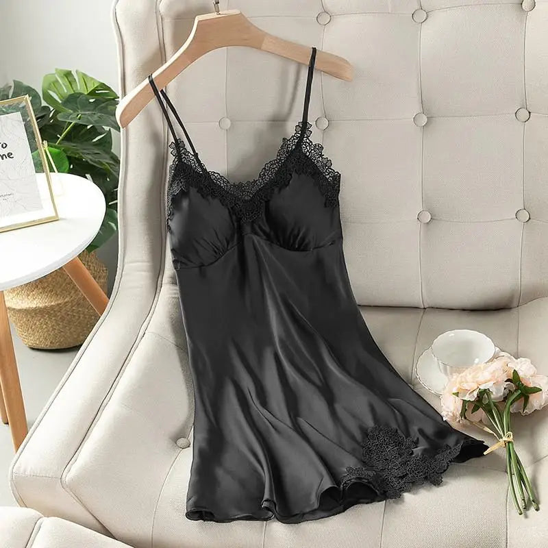 Summer New Satin Nightgown Lace Patchwork Sleepwear Women Spaghetti Strap Nightdress Intimate Lingerie Sexy Bathrobe Nightwear