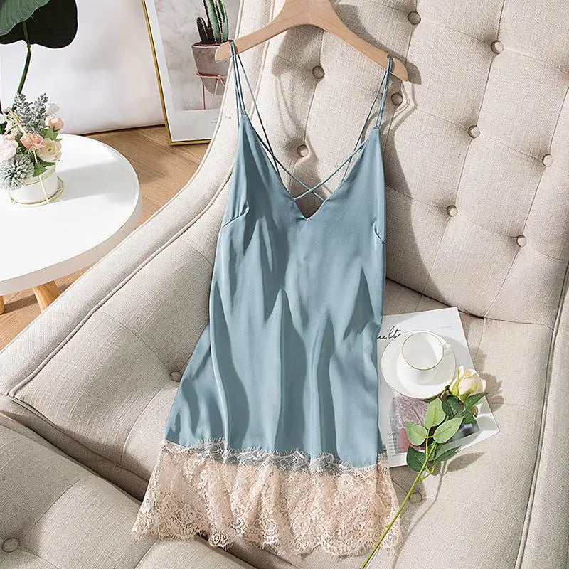 Spaghetti Strap Nightdress Women Summer New Satin Nightgown Lace Patchwork Sleepwear Intimate Lingerie Sexy Bathrobe Nightwear