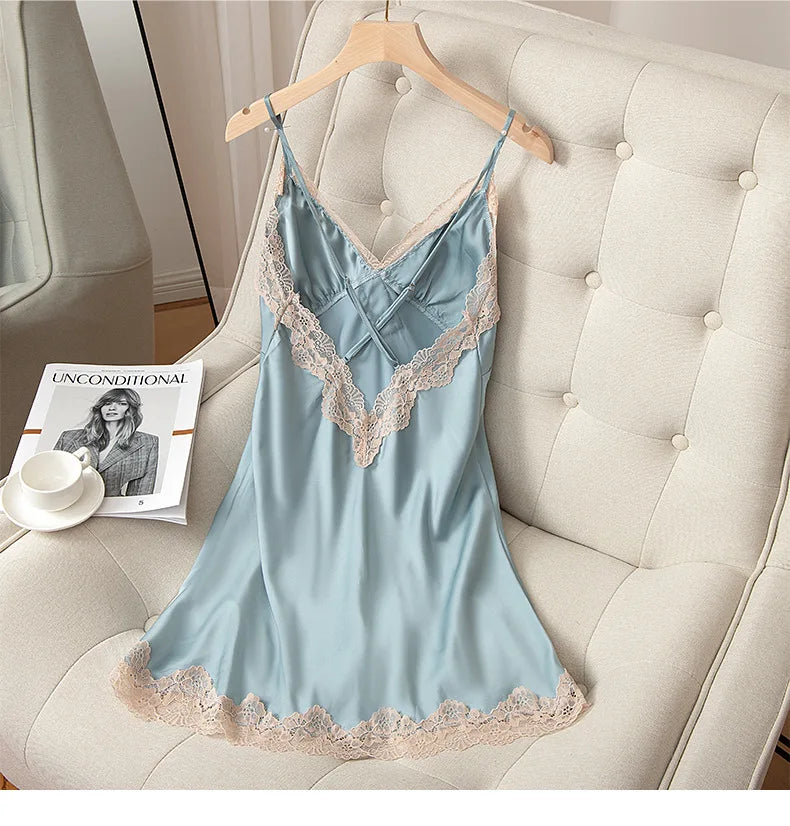 Spaghetti Strap Nightgown Women Nightdress Satin Summer Sexy Intimate Lingerie Soft Sleep Dress V-Neck Home Dressing Gown