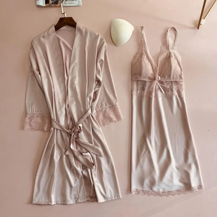 White Satin Wedding Robe Nightgown 5PCS Sleepwear Set Sexy Lace Kimono Bathrobe Gown Nightwear Loose Home Dress Lounge Wear