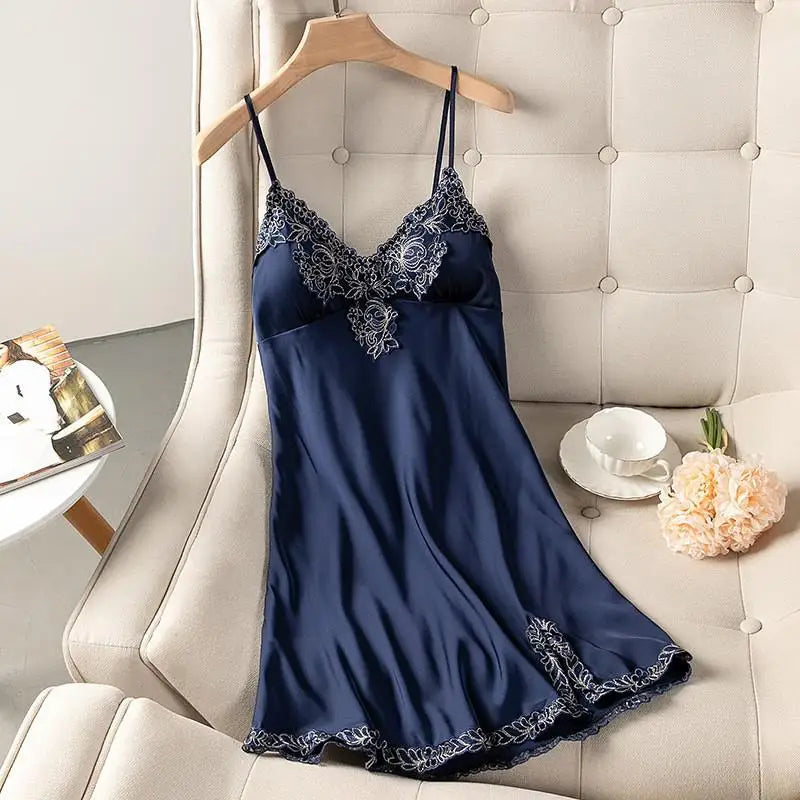 Summer New Satin Nightgown Lace Patchwork Sleepwear Women Spaghetti Strap Nightdress Intimate Lingerie Sexy Bathrobe Nightwear