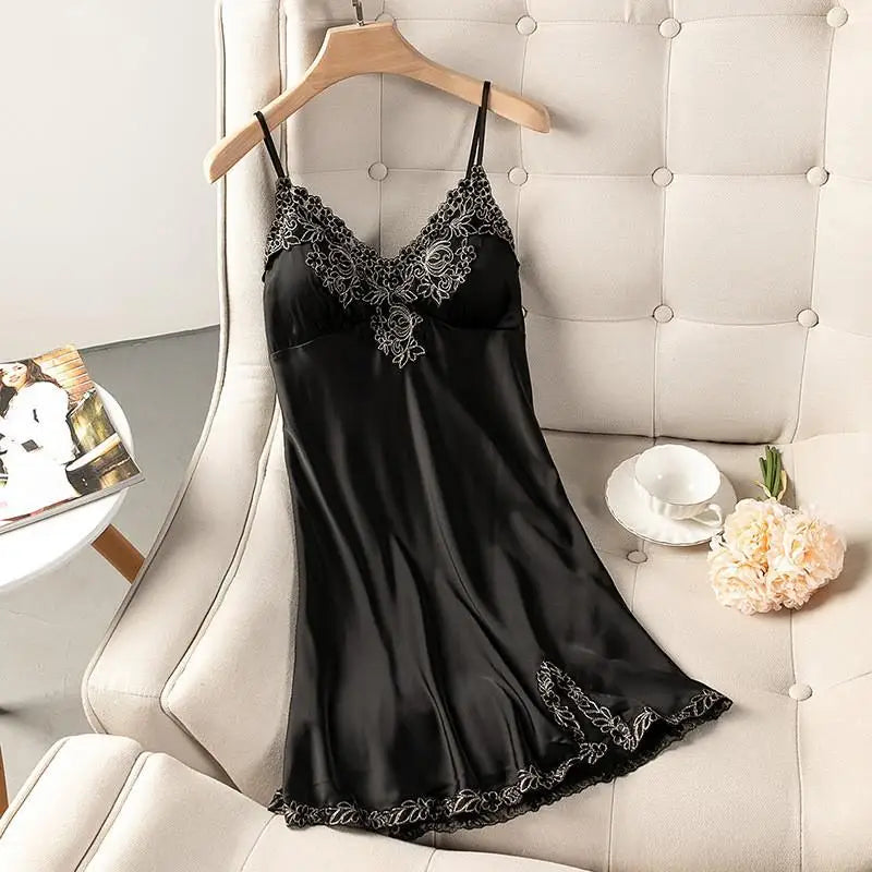 Summer New Satin Nightgown Lace Patchwork Sleepwear Women Spaghetti Strap Nightdress Intimate Lingerie Sexy Bathrobe Nightwear