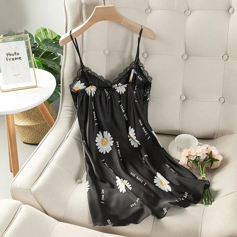 Summer New Satin Nightgown Lace Patchwork Sleepwear Women Spaghetti Strap Nightdress Intimate Lingerie Sexy Bathrobe Nightwear