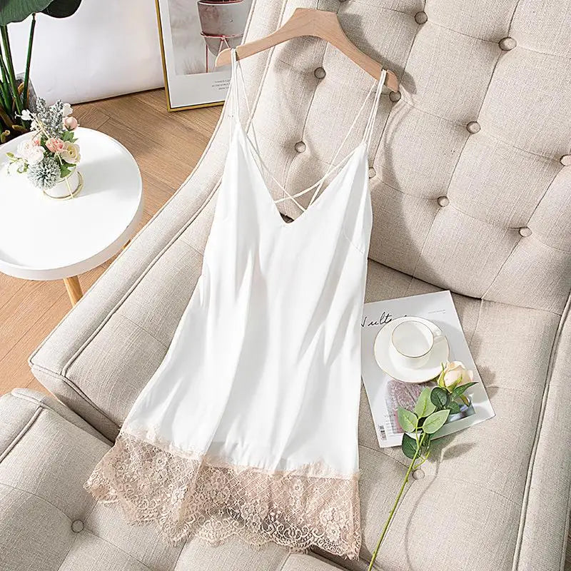 Spaghetti Strap Nightdress Women Summer New Satin Nightgown Lace Patchwork Sleepwear Intimate Lingerie Sexy Bathrobe Nightwear