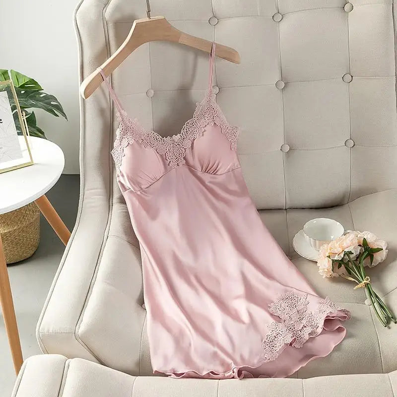 Summer New Satin Nightgown Lace Patchwork Sleepwear Women Spaghetti Strap Nightdress Intimate Lingerie Sexy Bathrobe Nightwear