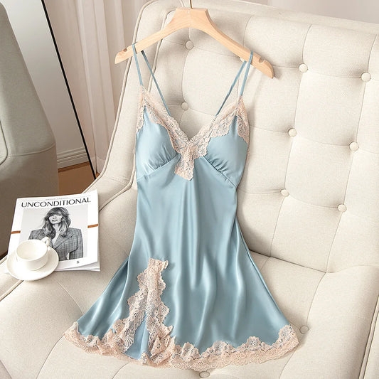 Spaghetti Strap Nightgown Women Nightdress Satin Summer Sexy Intimate Lingerie Soft Sleep Dress V-Neck Home Dressing Gown