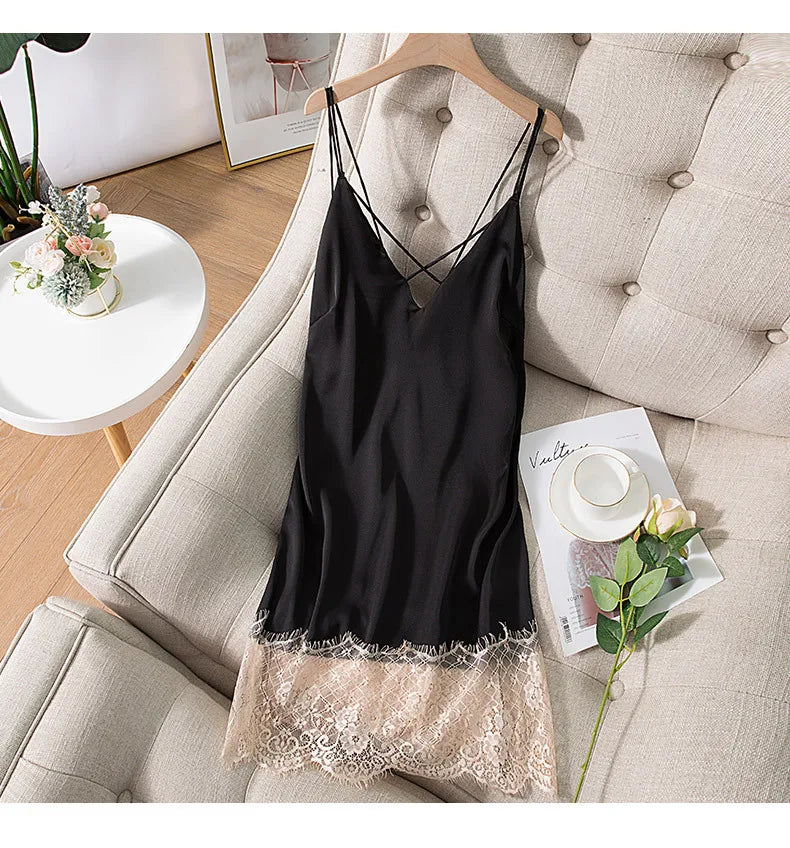 Spaghetti Strap Nightdress Women Summer New Satin Nightgown Lace Patchwork Sleepwear Intimate Lingerie Sexy Bathrobe Nightwear