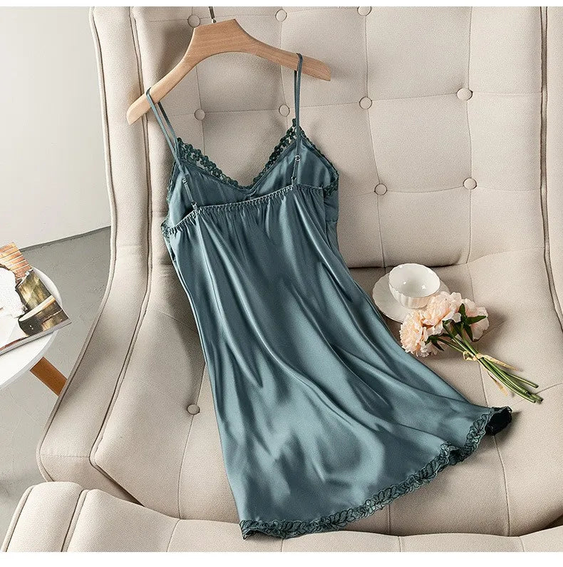 Summer New Satin Nightgown Lace Patchwork Sleepwear Women Spaghetti Strap Nightdress Intimate Lingerie Sexy Bathrobe Nightwear