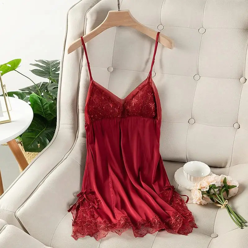 Summer New Satin Nightgown Lace Patchwork Sleepwear Women Spaghetti Strap Nightdress Intimate Lingerie Sexy Bathrobe Nightwear