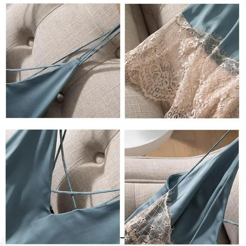 Summer New Satin Nightgown Lace Patchwork Sleepwear Women Spaghetti Strap Nightdress Intimate Lingerie Sexy Bathrobe Nightwear