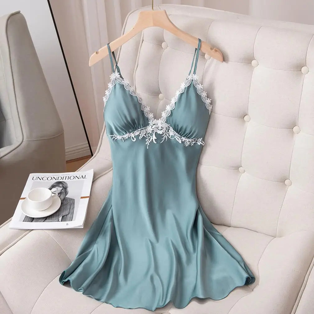 Lace Nightdress Satin Women Sleep Dress Sexy Lingerie Spaghetti Strap Nightgown Soft Sleepwear Home Dressing Gown With Pads