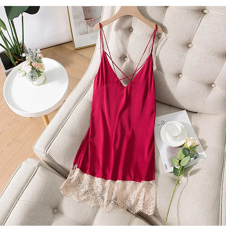 Spaghetti Strap Nightdress Women Summer New Satin Nightgown Lace Patchwork Sleepwear Intimate Lingerie Sexy Bathrobe Nightwear