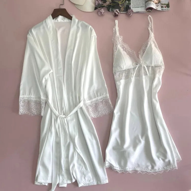 White Satin Wedding Robe Nightgown 5PCS Sleepwear Set Sexy Lace Kimono Bathrobe Gown Nightwear Loose Home Dress Lounge Wear