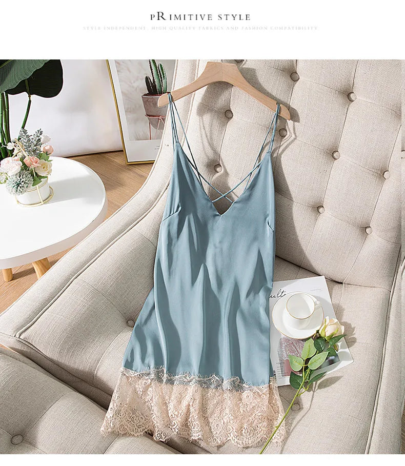 Summer New Satin Nightgown Lace Patchwork Sleepwear Women Spaghetti Strap Nightdress Intimate Lingerie Sexy Bathrobe Nightwear