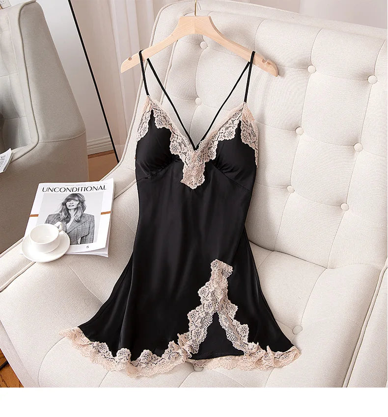 Spaghetti Strap Nightgown Women Nightdress Satin Summer Sexy Intimate Lingerie Soft Sleep Dress V-Neck Home Dressing Gown