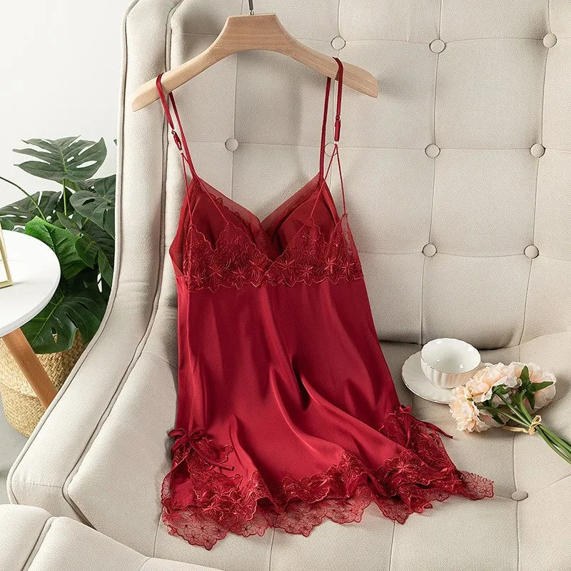 Summer New Satin Nightgown Lace Patchwork Sleepwear Women Spaghetti Strap Nightdress Intimate Lingerie Sexy Bathrobe Nightwear