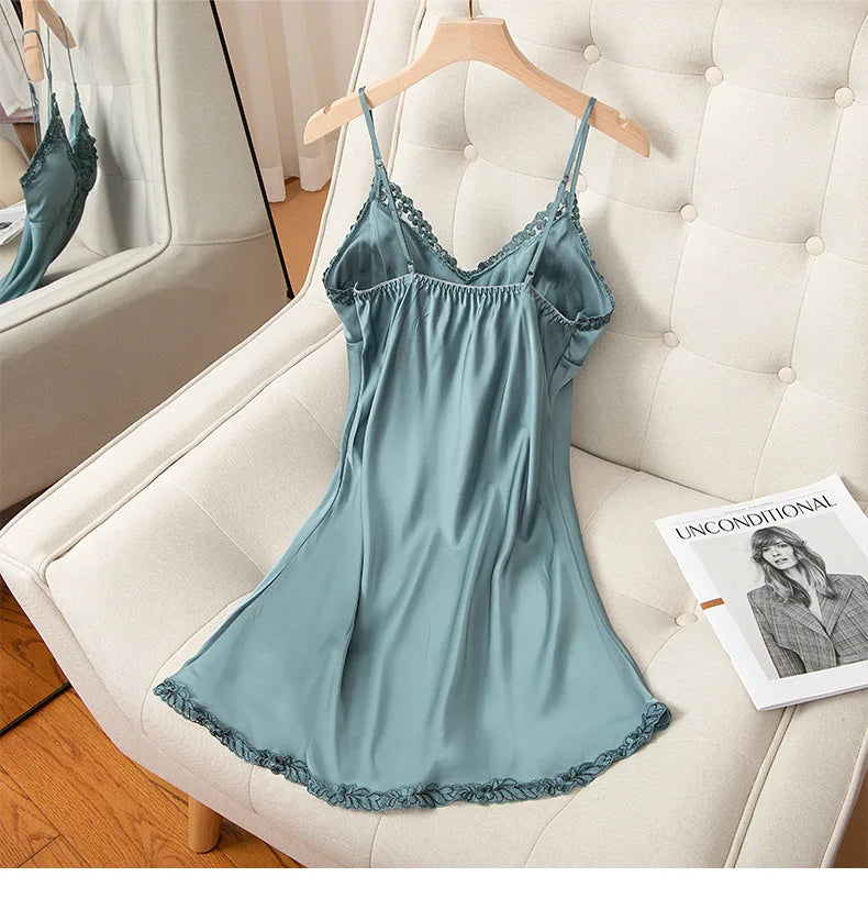 Lace Nightdress Satin Women Sleep Dress Sexy Lingerie Spaghetti Strap Nightgown Soft Sleepwear Home Dressing Gown With Pads