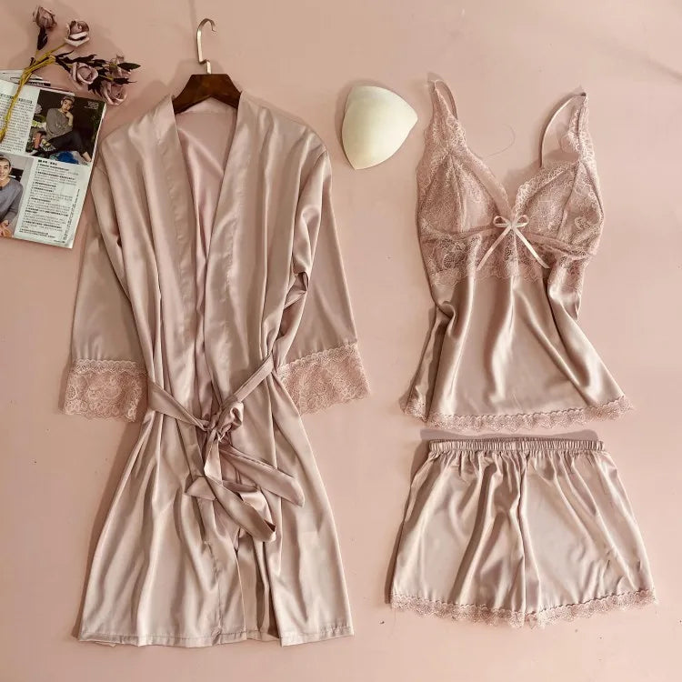 White Satin Wedding Robe Nightgown 5PCS Sleepwear Set Sexy Lace Kimono Bathrobe Gown Nightwear Loose Home Dress Lounge Wear