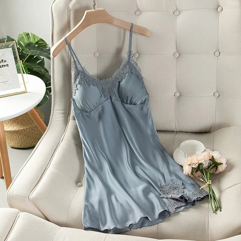 Summer New Satin Nightgown Lace Patchwork Sleepwear Women Spaghetti Strap Nightdress Intimate Lingerie Sexy Bathrobe Nightwear