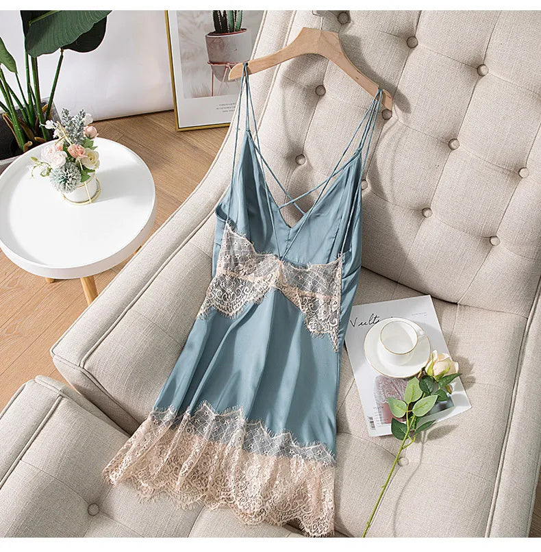 Summer New Satin Nightgown Lace Patchwork Sleepwear Women Spaghetti Strap Nightdress Intimate Lingerie Sexy Bathrobe Nightwear