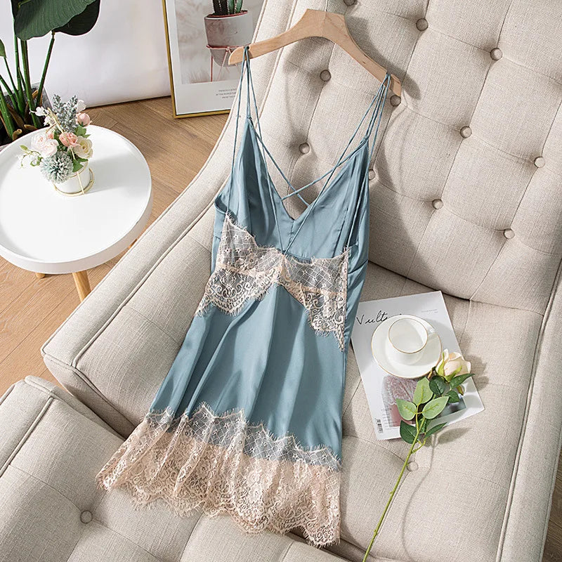 Spaghetti Strap Nightdress Women Summer New Satin Nightgown Lace Patchwork Sleepwear Intimate Lingerie Sexy Bathrobe Nightwear