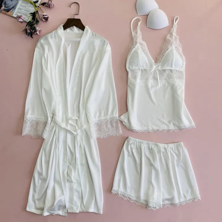 White Satin Wedding Robe Nightgown 5PCS Sleepwear Set Sexy Lace Kimono Bathrobe Gown Nightwear Loose Home Dress Lounge Wear