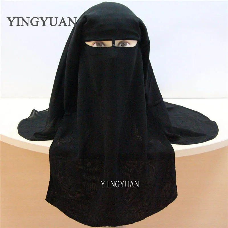 Muslim Bandana Scarf Islamic 3 layers Niqab Burqa Bonnet Hijab Cap Veil Headwear Black Face Cover Abaya Style Wrap Head Cover