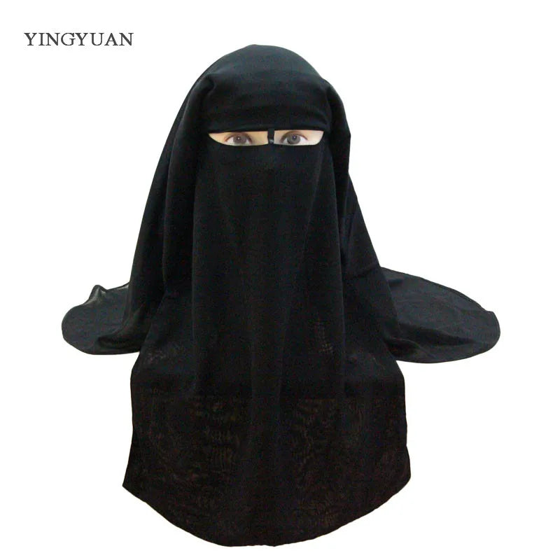 Muslim Bandana Scarf Islamic 3 layers Niqab Burqa Bonnet Hijab Cap Veil Headwear Black Face Cover Abaya Style Wrap Head Cover