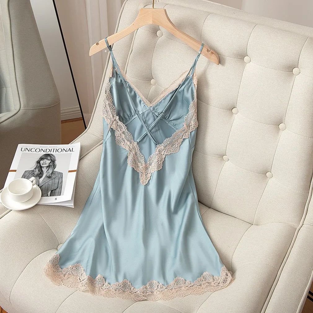 Lace Nightdress Satin Women Sleep Dress Sexy Lingerie Spaghetti Strap Nightgown Soft Sleepwear Home Dressing Gown With Pads