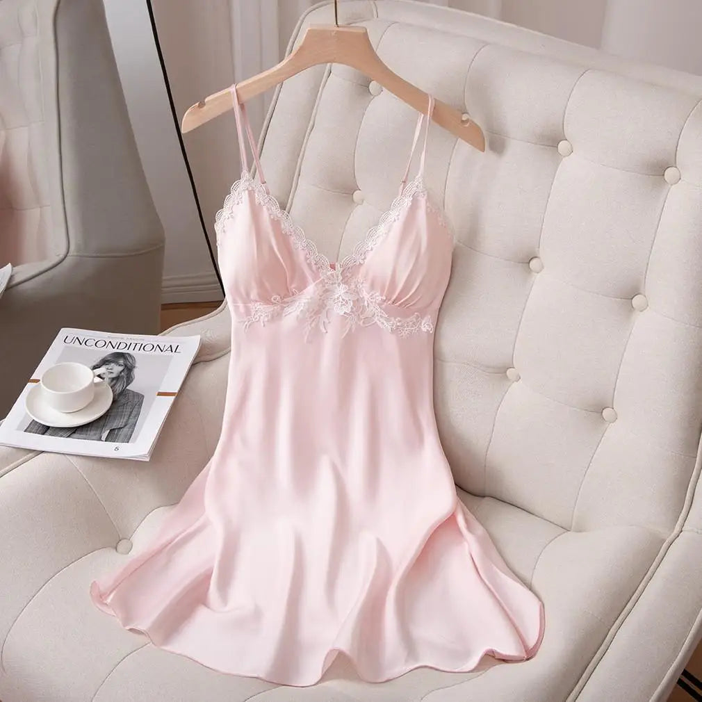 Lace Nightdress Satin Women Sleep Dress Sexy Lingerie Spaghetti Strap Nightgown Soft Sleepwear Home Dressing Gown With Pads