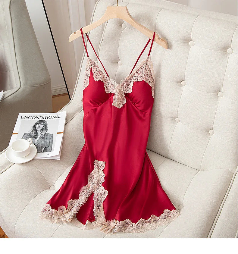 Spaghetti Strap Nightgown Women Nightdress Satin Summer Sexy Intimate Lingerie Soft Sleep Dress V-Neck Home Dressing Gown