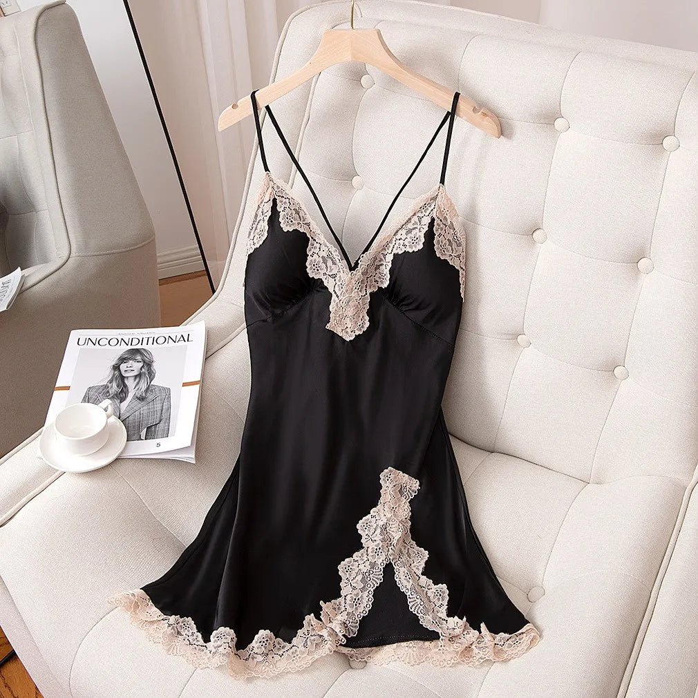 Lace Nightdress Satin Women Sleep Dress Sexy Lingerie Spaghetti Strap Nightgown Soft Sleepwear Home Dressing Gown With Pads