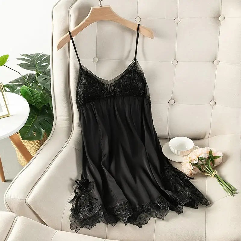 Summer New Satin Nightgown Lace Patchwork Sleepwear Women Spaghetti Strap Nightdress Intimate Lingerie Sexy Bathrobe Nightwear