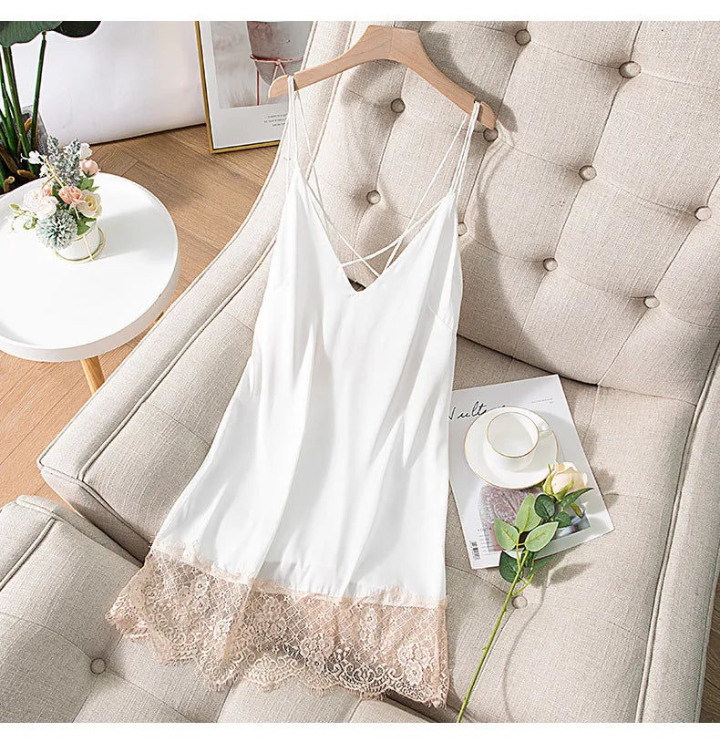 Summer New Satin Nightgown Lace Patchwork Sleepwear Women Spaghetti Strap Nightdress Intimate Lingerie Sexy Bathrobe Nightwear