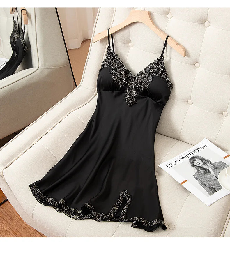 Lace Nightdress Satin Women Sleep Dress Sexy Lingerie Spaghetti Strap Nightgown Soft Sleepwear Home Dressing Gown With Pads