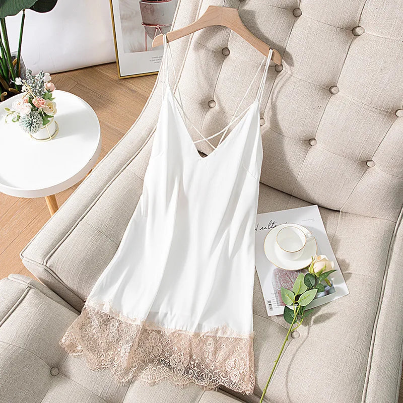 Summer New Satin Nightgown Lace Patchwork Sleepwear Women Spaghetti Strap Nightdress Intimate Lingerie Sexy Bathrobe Nightwear