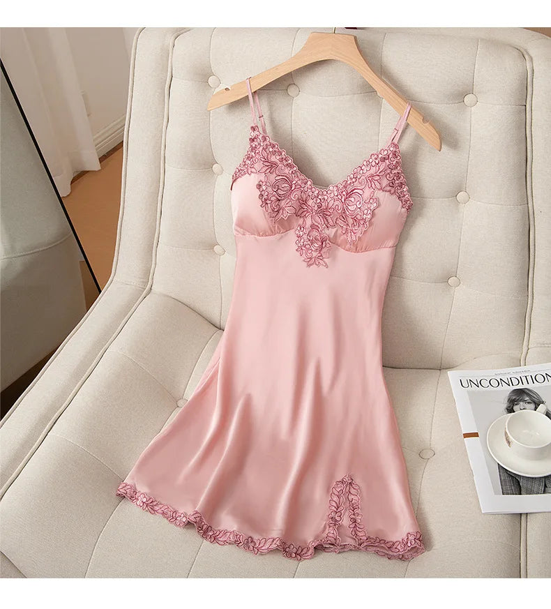 Lace Nightdress Satin Women Sleep Dress Sexy Lingerie Spaghetti Strap Nightgown Soft Sleepwear Home Dressing Gown With Pads