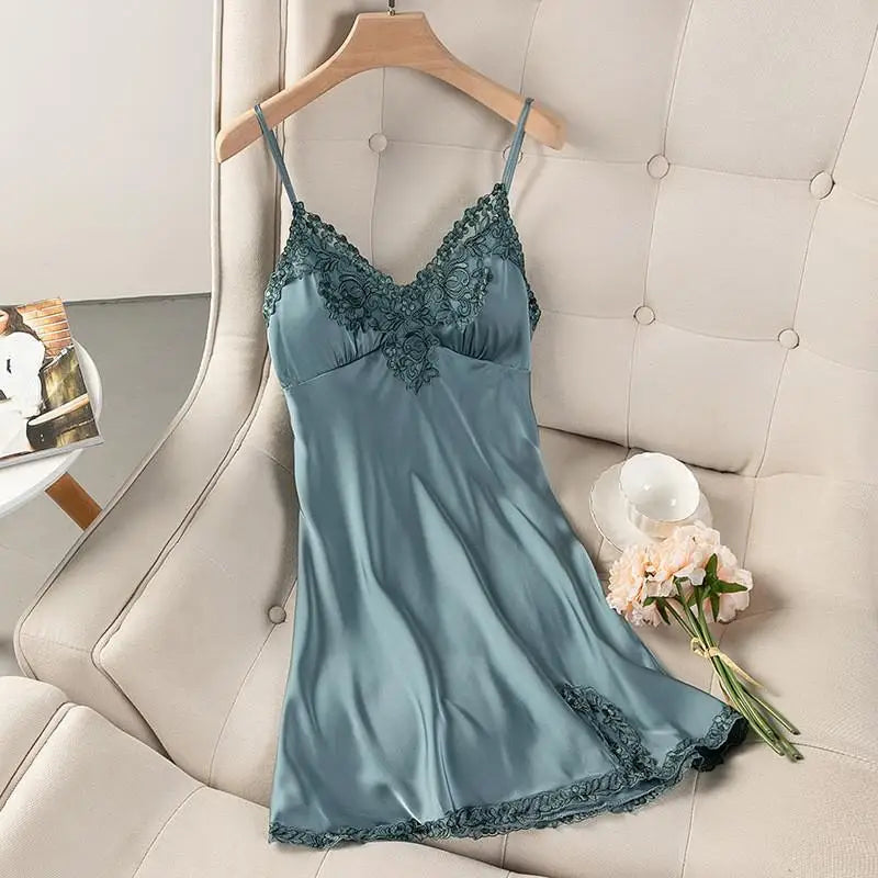 Summer New Satin Nightgown Lace Patchwork Sleepwear Women Spaghetti Strap Nightdress Intimate Lingerie Sexy Bathrobe Nightwear