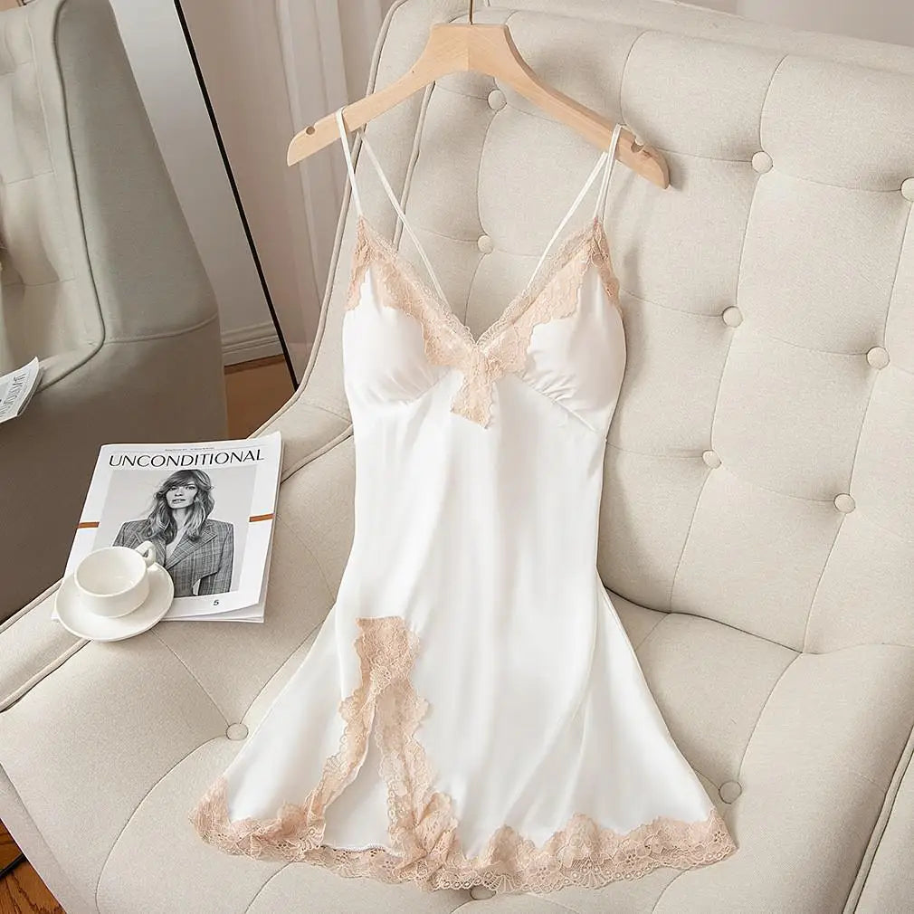 Lace Nightdress Satin Women Sleep Dress Sexy Lingerie Spaghetti Strap Nightgown Soft Sleepwear Home Dressing Gown With Pads